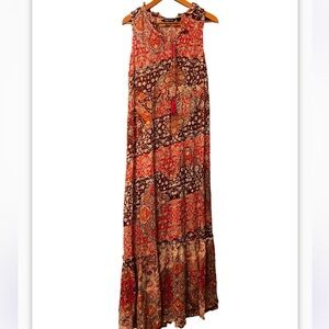 Millennium maxi dress Orange Floral Sleeveless Tassel Tiered Sz L Maxi Dress